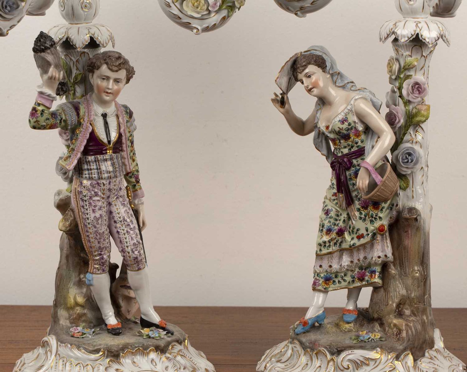 Pair of Triebner, ENS & Eckert (Volkstedt) porcelain candlesticks with figural decoration, flowers - Image 3 of 4