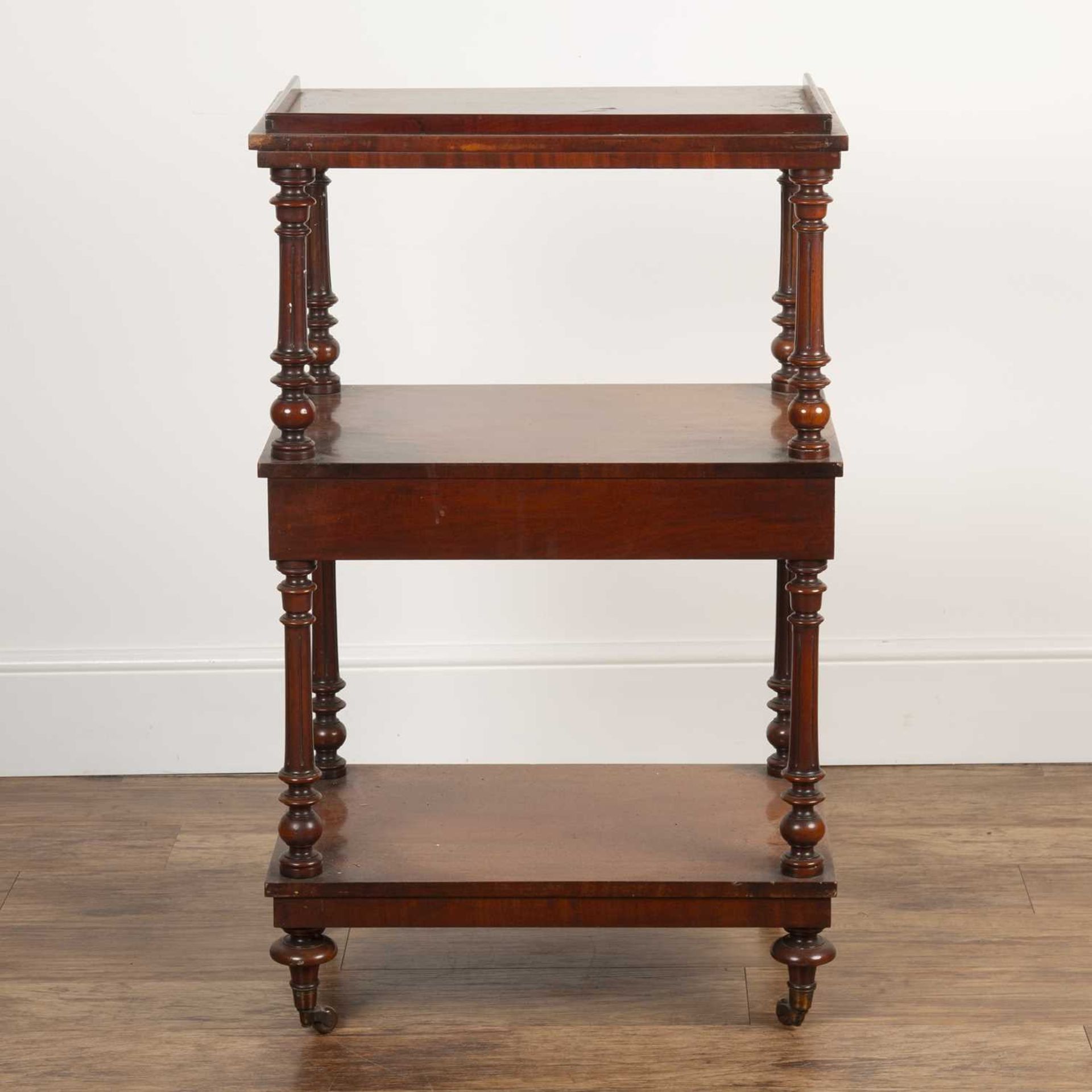 Mahogany three tier buffet stand 19th Century, with galleried top and single fitted drawer, standing - Image 5 of 6