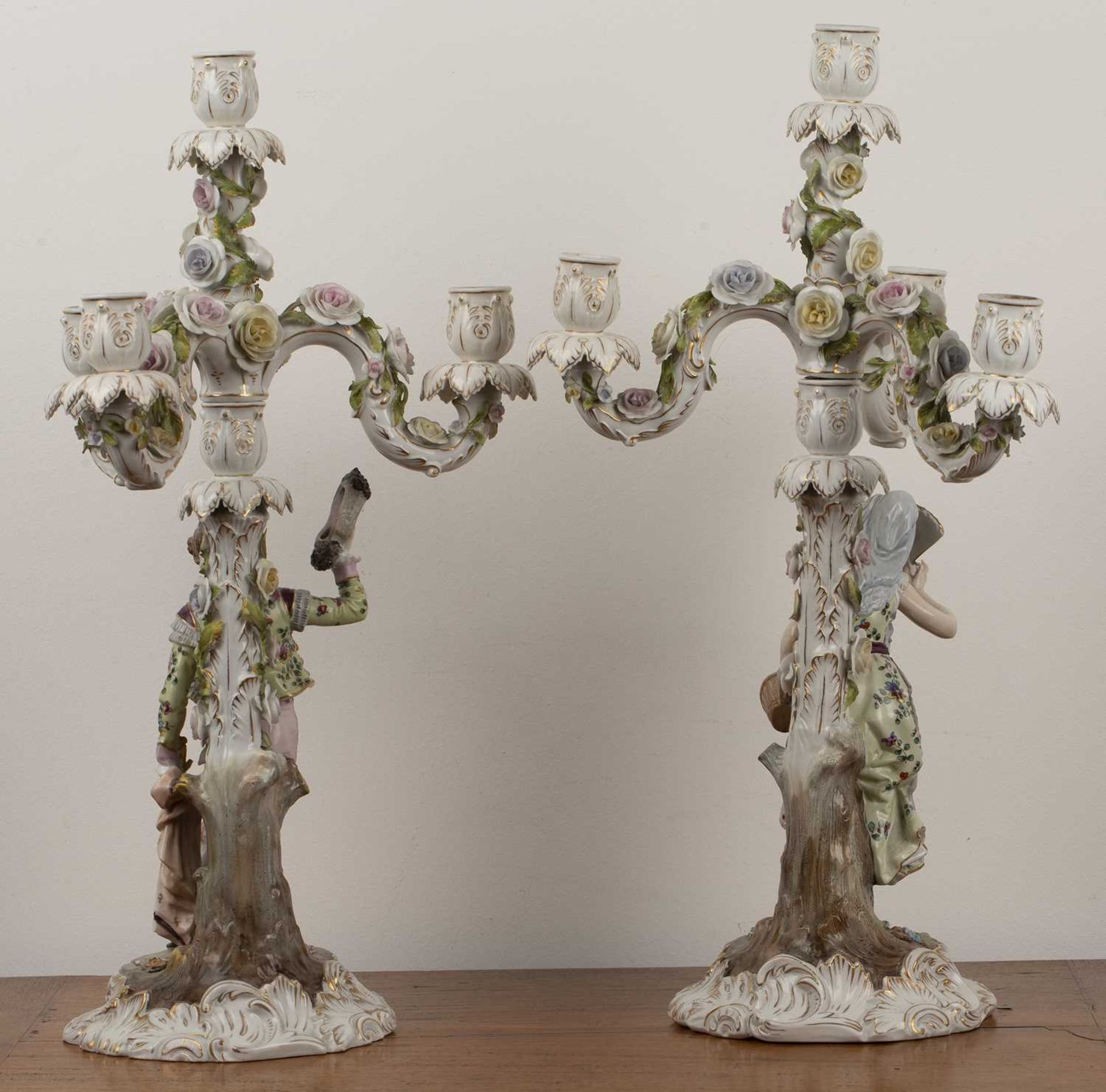 Pair of Triebner, ENS & Eckert (Volkstedt) porcelain candlesticks with figural decoration, flowers - Image 2 of 4