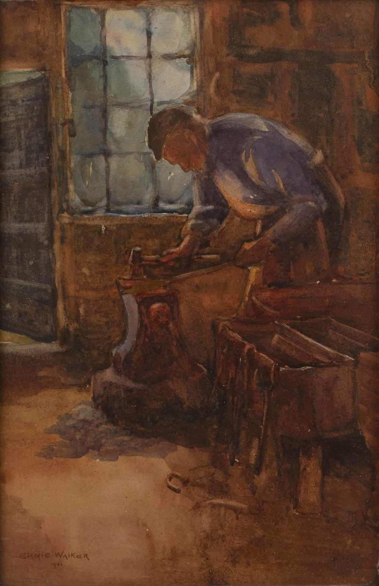 Emmie Walker (20th Century School) 'Untitled blacksmith at work', watercolour, signed and dated 1901