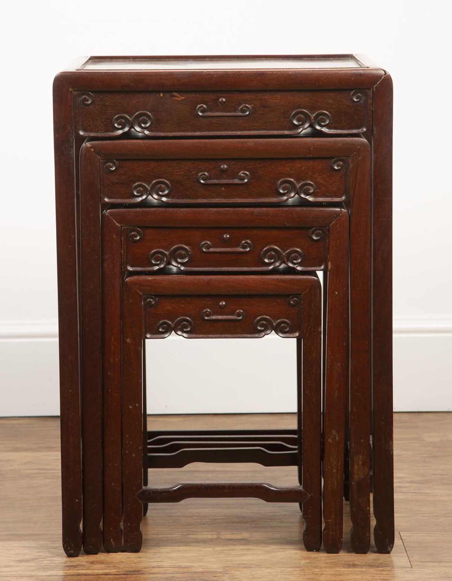 Nest of four or quartetto of tables Chinese hardwood, each with carved decoration, a recessed top - Image 3 of 4