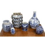 Group of blue and white porcelain Chinese and Japanese, to include a brass mounted tiffin case, 23cm