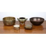 Small group of metalware Chinese, including an brass oval ink case with inscription, 6cm x 5cm, a