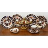 Collection of Royal Crown Derby imari patterned ceramics comprising of: four side plates, a cup