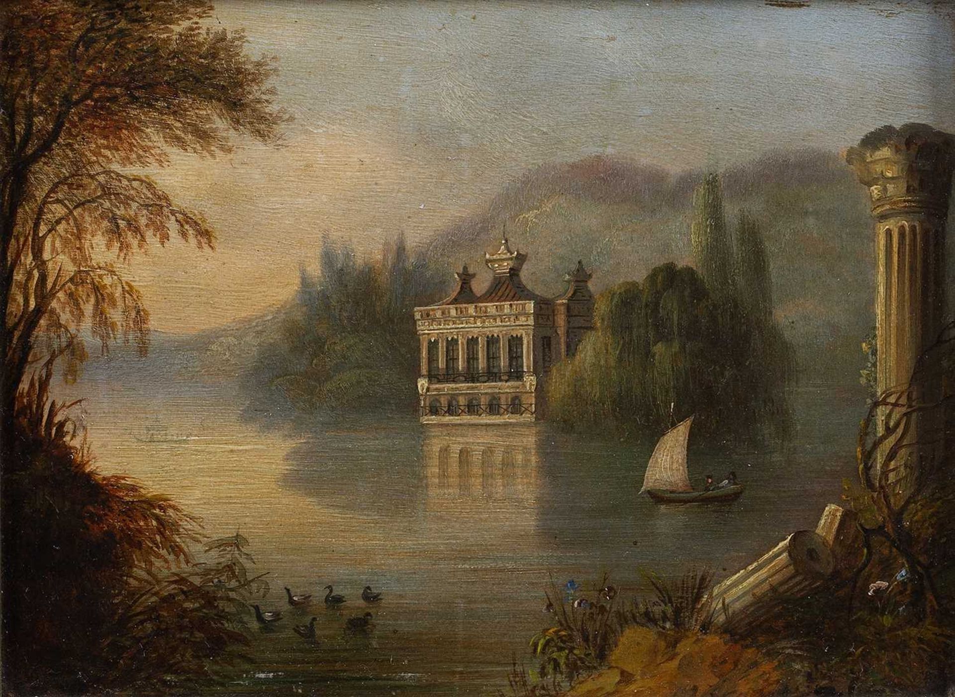 English School, Classical lake scene with folly, oil on panel, 12.5cm x 16cmSome small losses to the