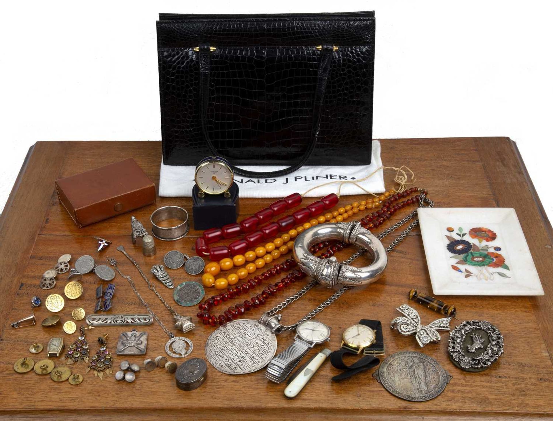 Collection of miscellaneous jewellery a vintage ladies handbag, a white metal Omani bracelet, a