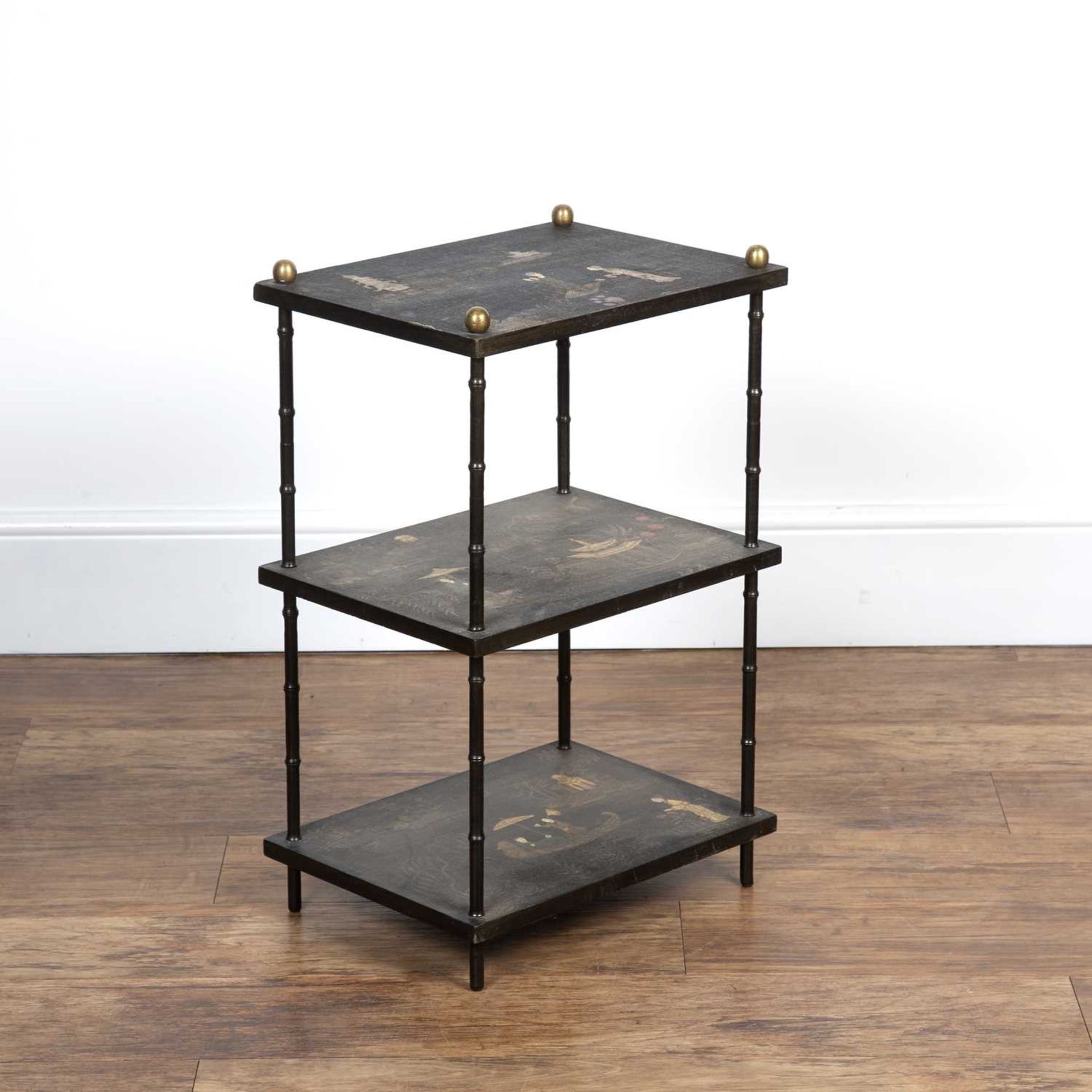 Chinoiserie three tier stand with painted decoration on faux bamboo metal supports, 40.5cm wide x