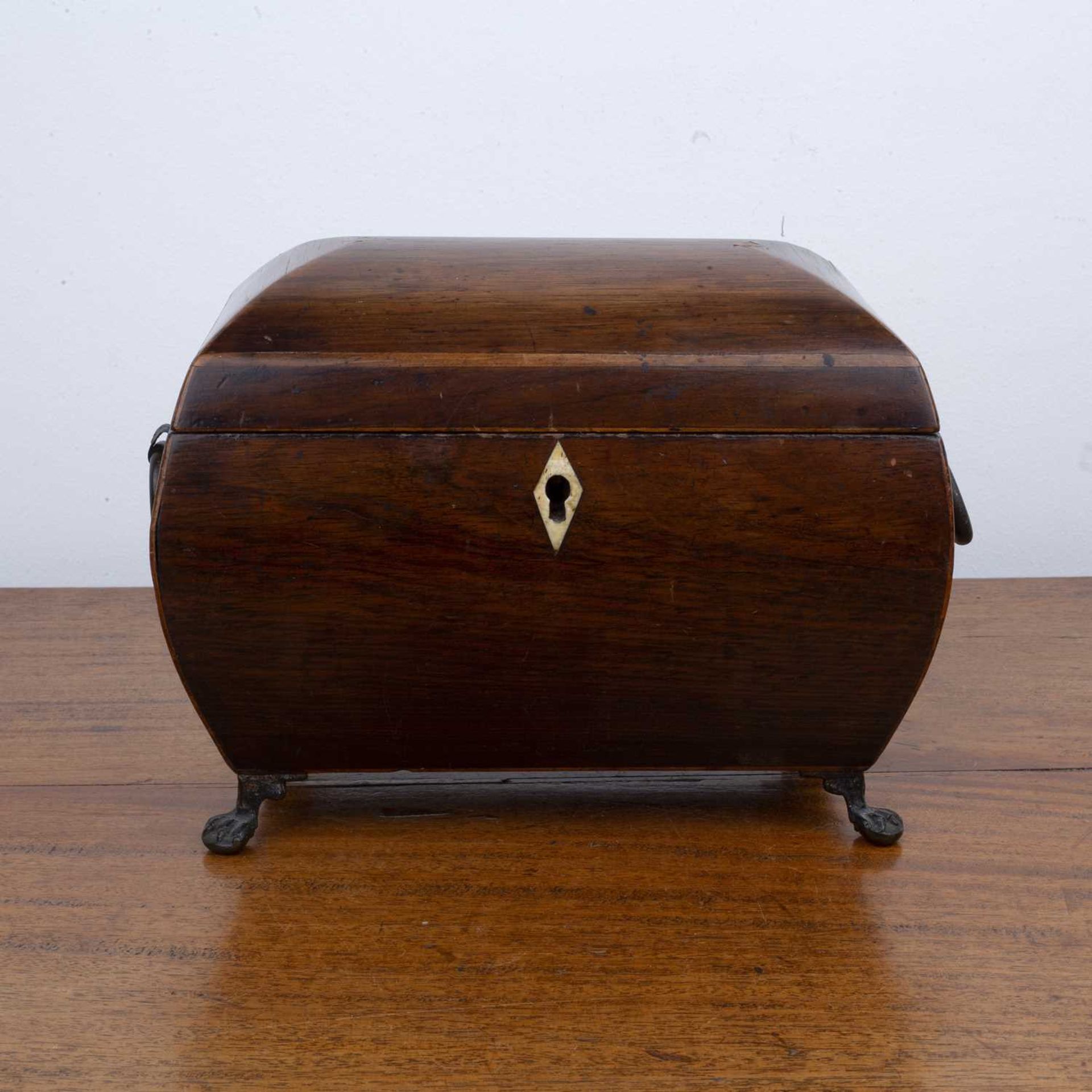 Rosewood and marquetry tea caddy 19th Century, with brass ring handles, standing on brass pad feet - Image 5 of 7