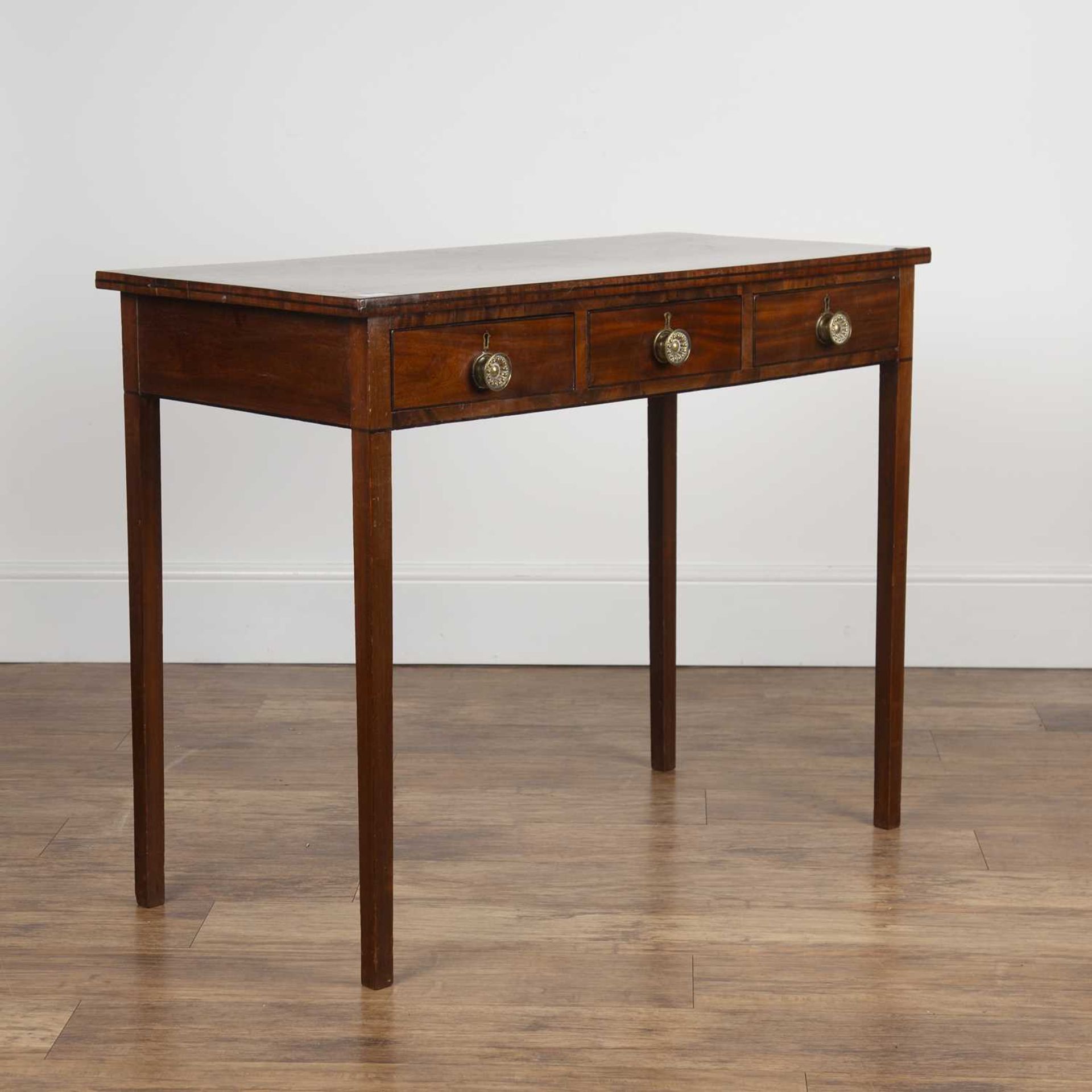 Mahogany side table 19th Century, fitted with three frieze drawers and round brass handles, standing - Image 2 of 6