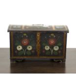 Norwegian miniature blanket chest 19th Century, painted with folk art style flower, leaves and '