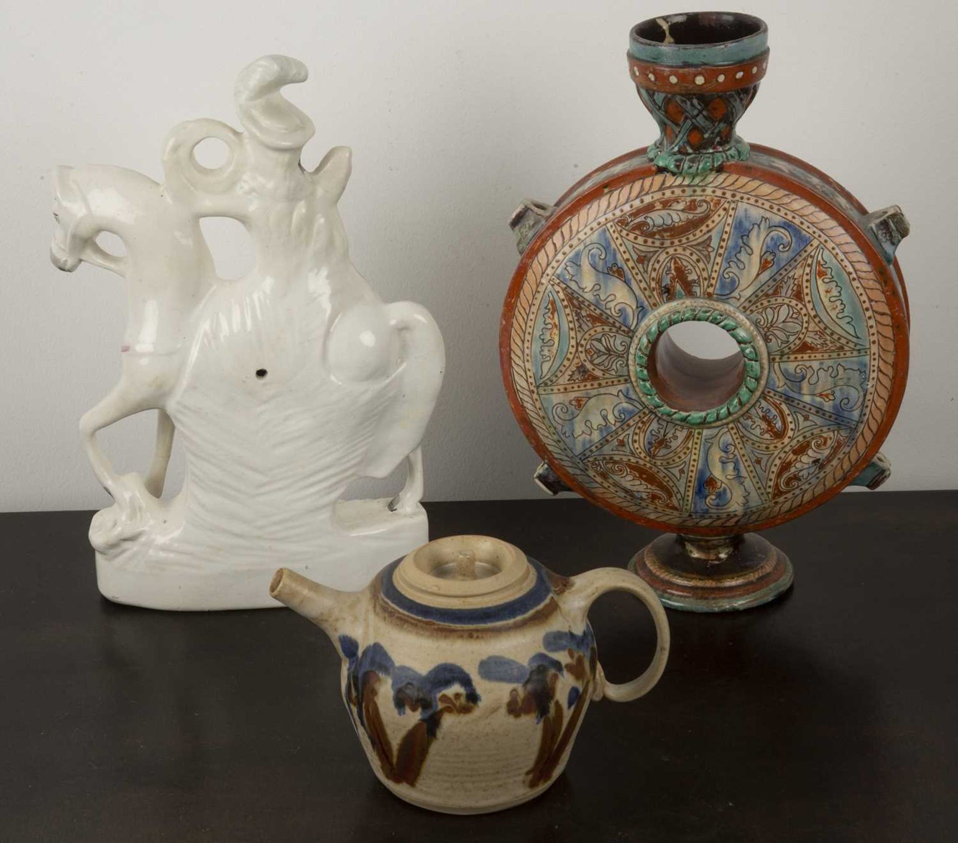 Group of pieces including a Staffordshire 'Peace' figure, 30cm a Thun type pilgrim flask, 31cm high, - Image 2 of 2