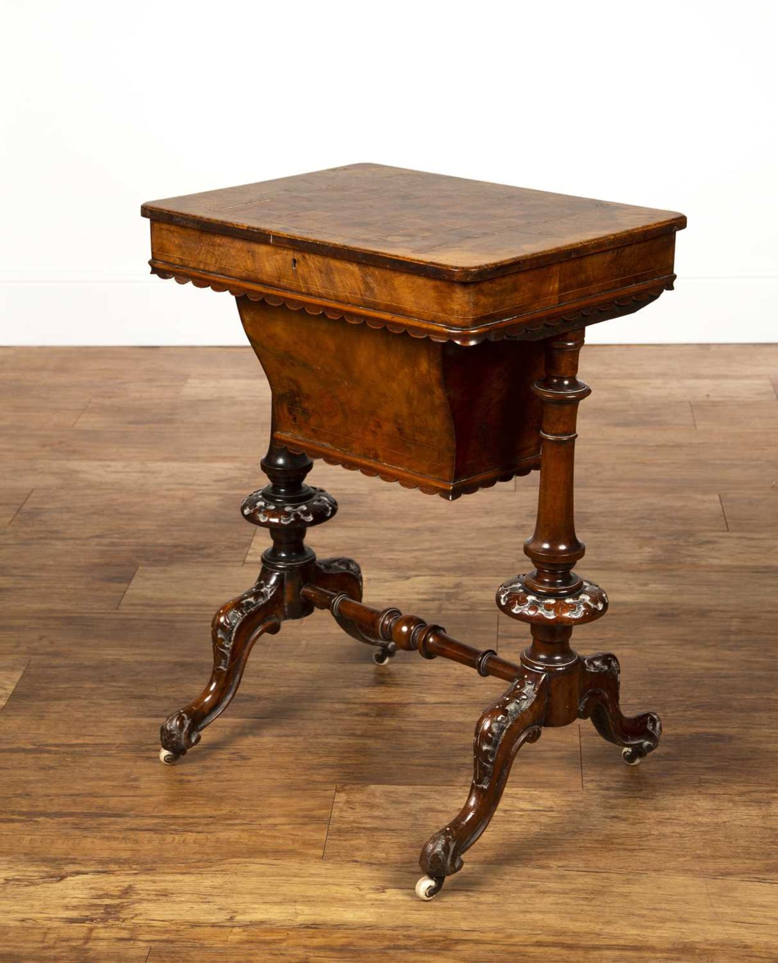 Walnut sewing table Victorian, with a parquetry chess board top, the lift up lid concealing a fitted - Image 3 of 5