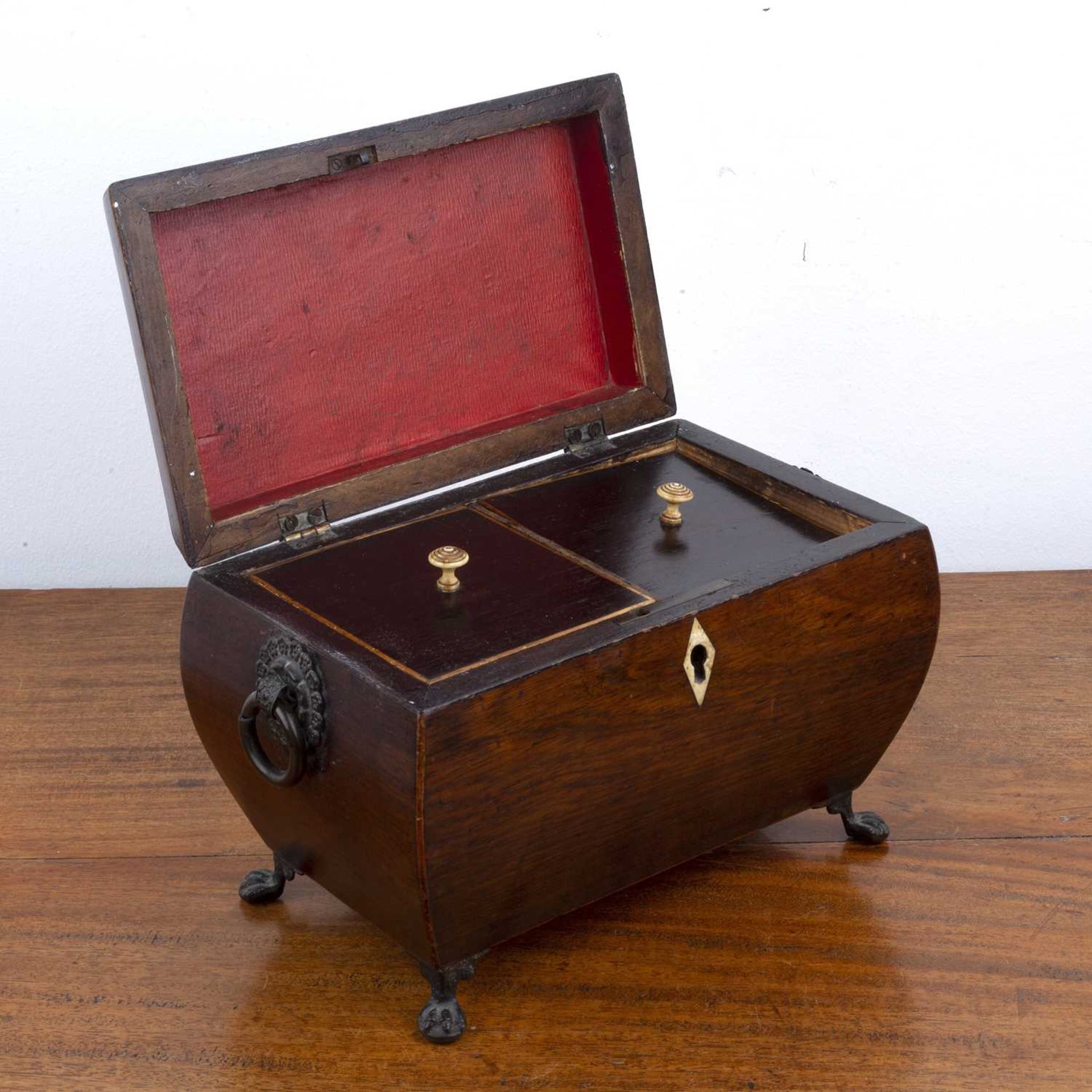 Rosewood and marquetry tea caddy 19th Century, with brass ring handles, standing on brass pad feet - Image 2 of 7