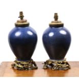 Pair of blue ground porcelain and ormolu lamps Chinese and European, each with traces of gilding