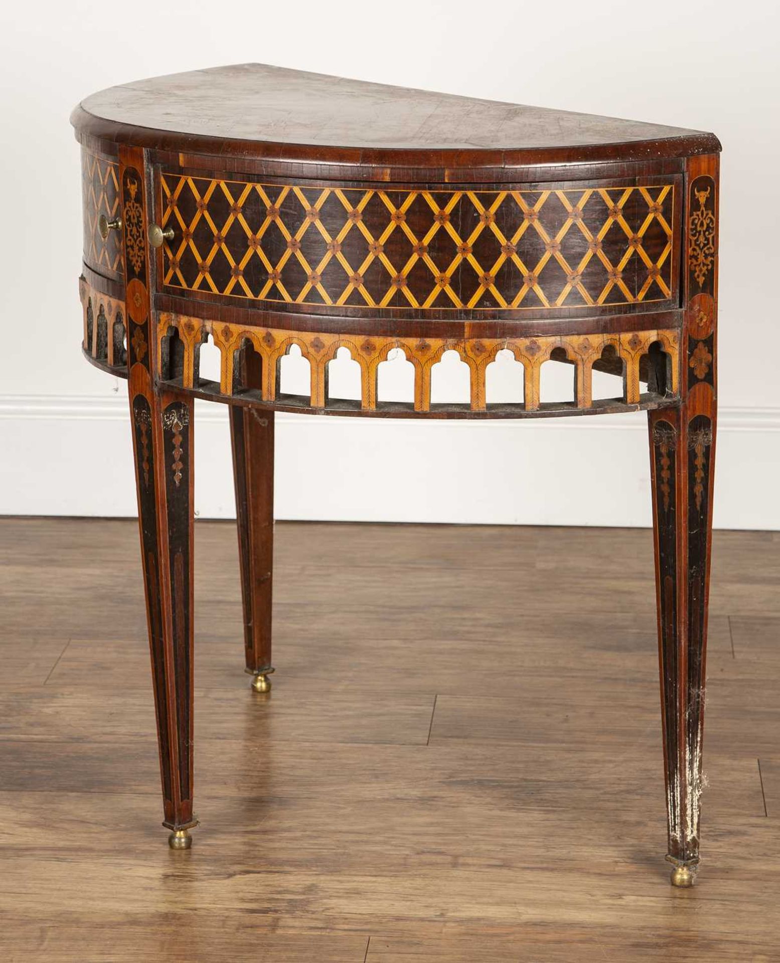 Continental marquetry side table with demi-lune top, above two drawers, with lattice inlaid - Image 4 of 10