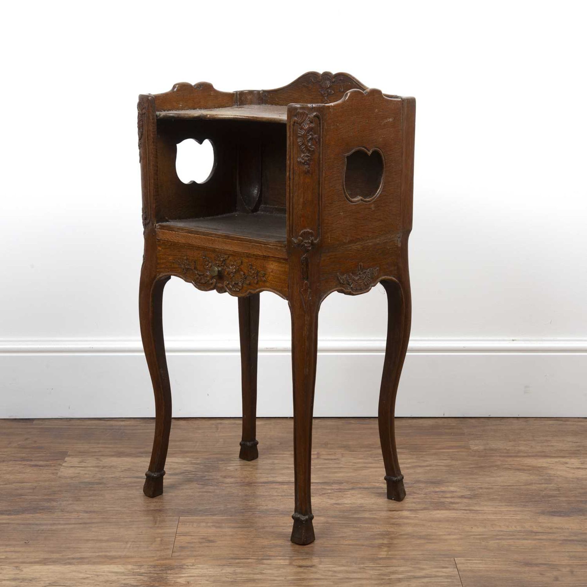 Oak bedside table or side table French Provincial, 19th Century, with shaped galleried top, - Image 3 of 6