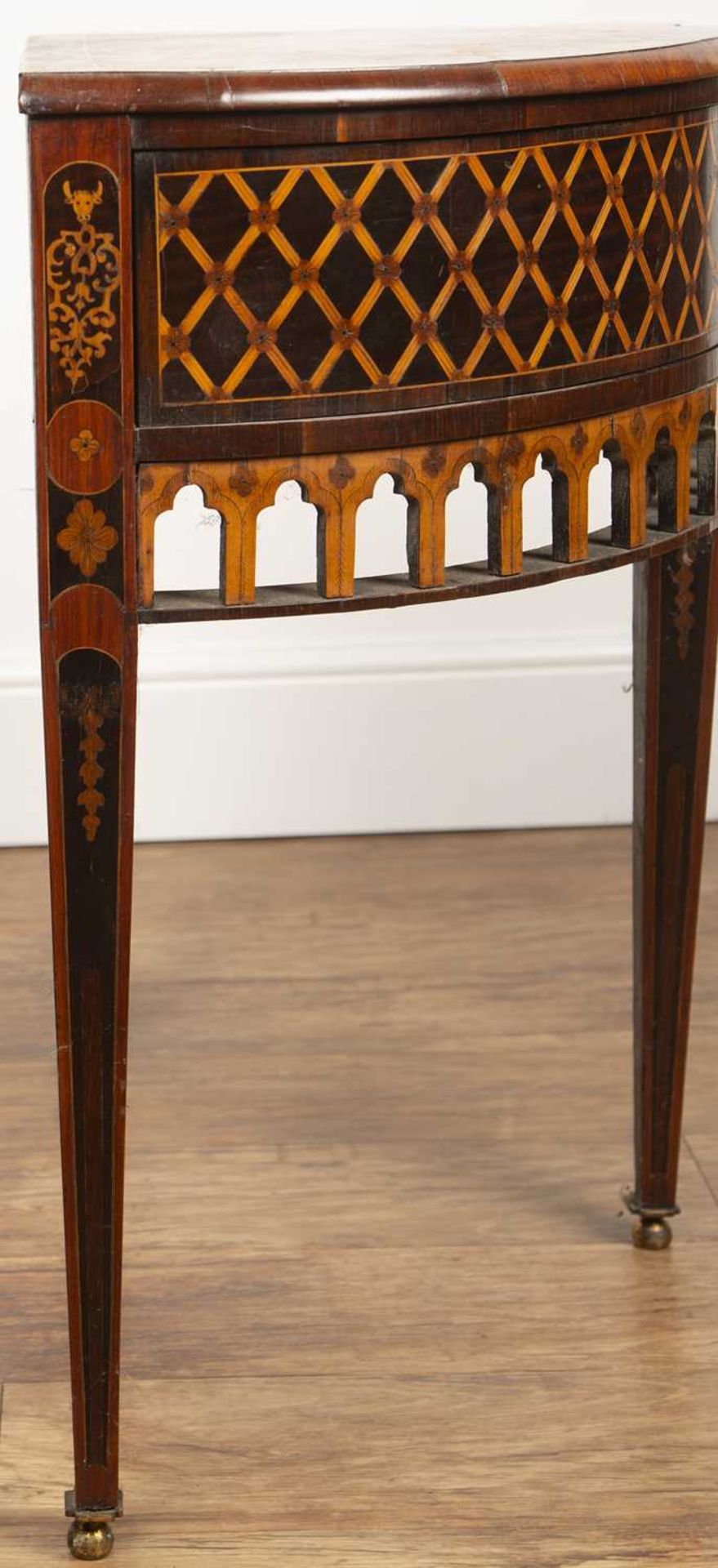 Continental marquetry side table with demi-lune top, above two drawers, with lattice inlaid - Image 9 of 10