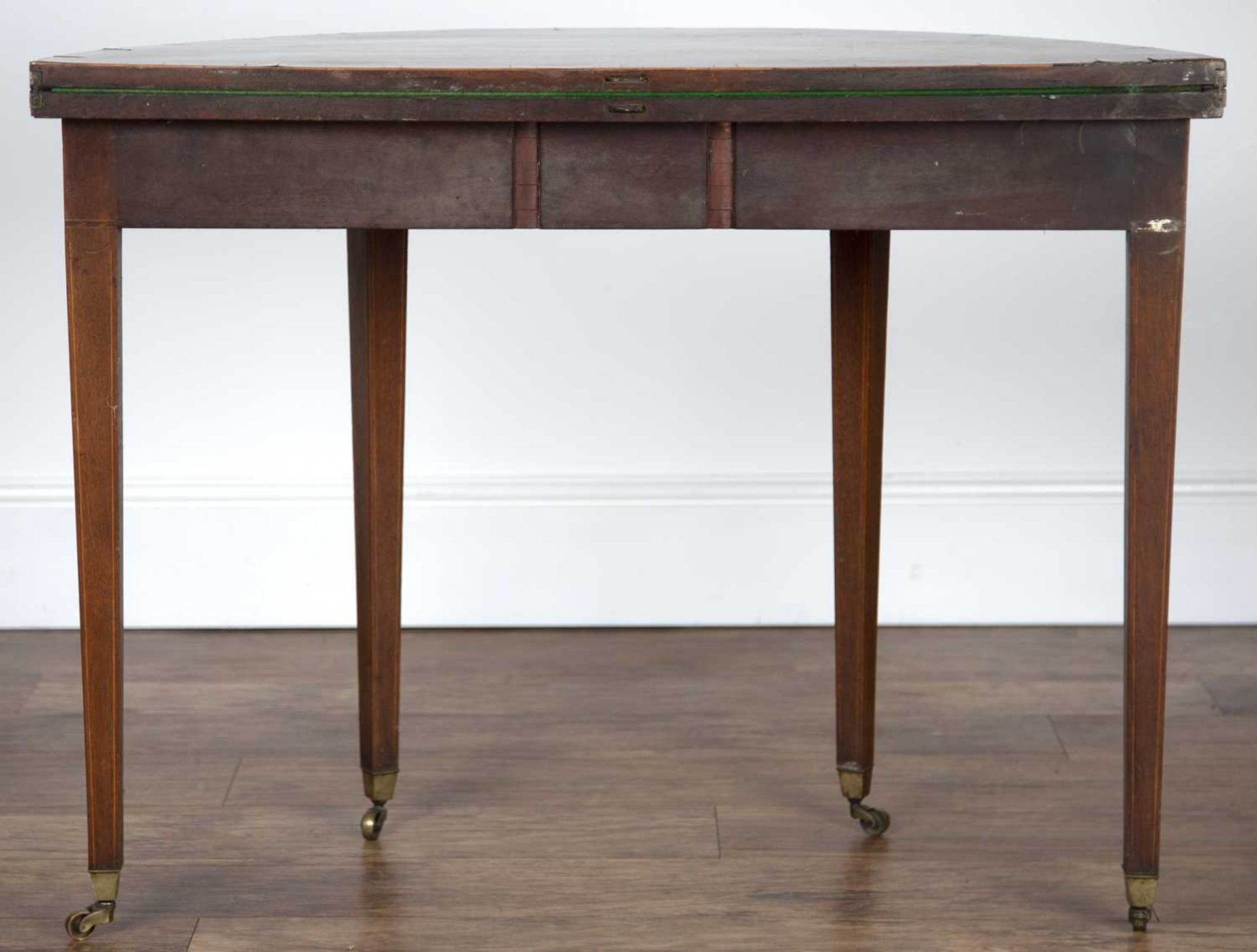 Mahogany marquetry inlaid card table George III, with fold over top and green baize lining, on - Image 4 of 5