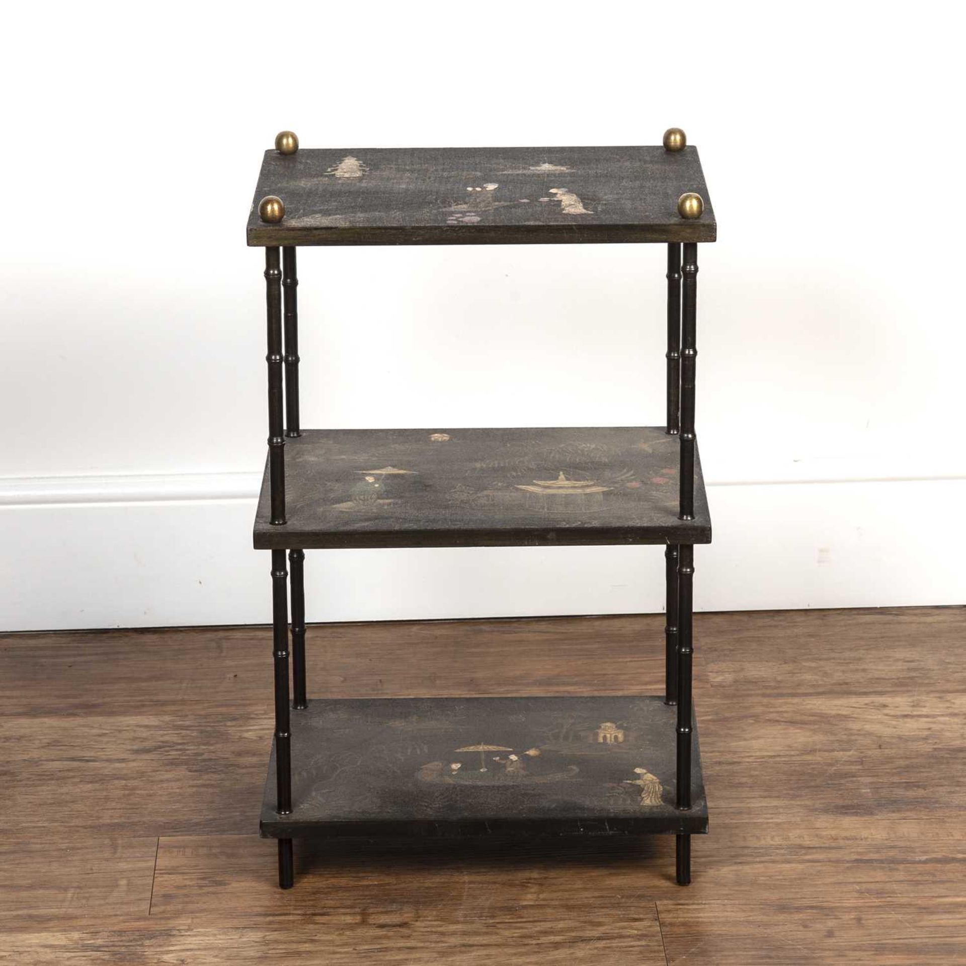 Chinoiserie three tier stand with painted decoration on faux bamboo metal supports, 40.5cm wide x - Image 2 of 4