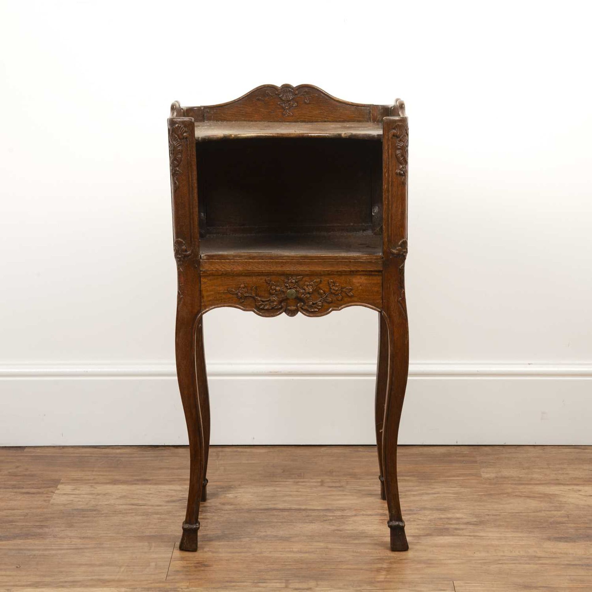 Oak bedside table or side table French Provincial, 19th Century, with shaped galleried top,