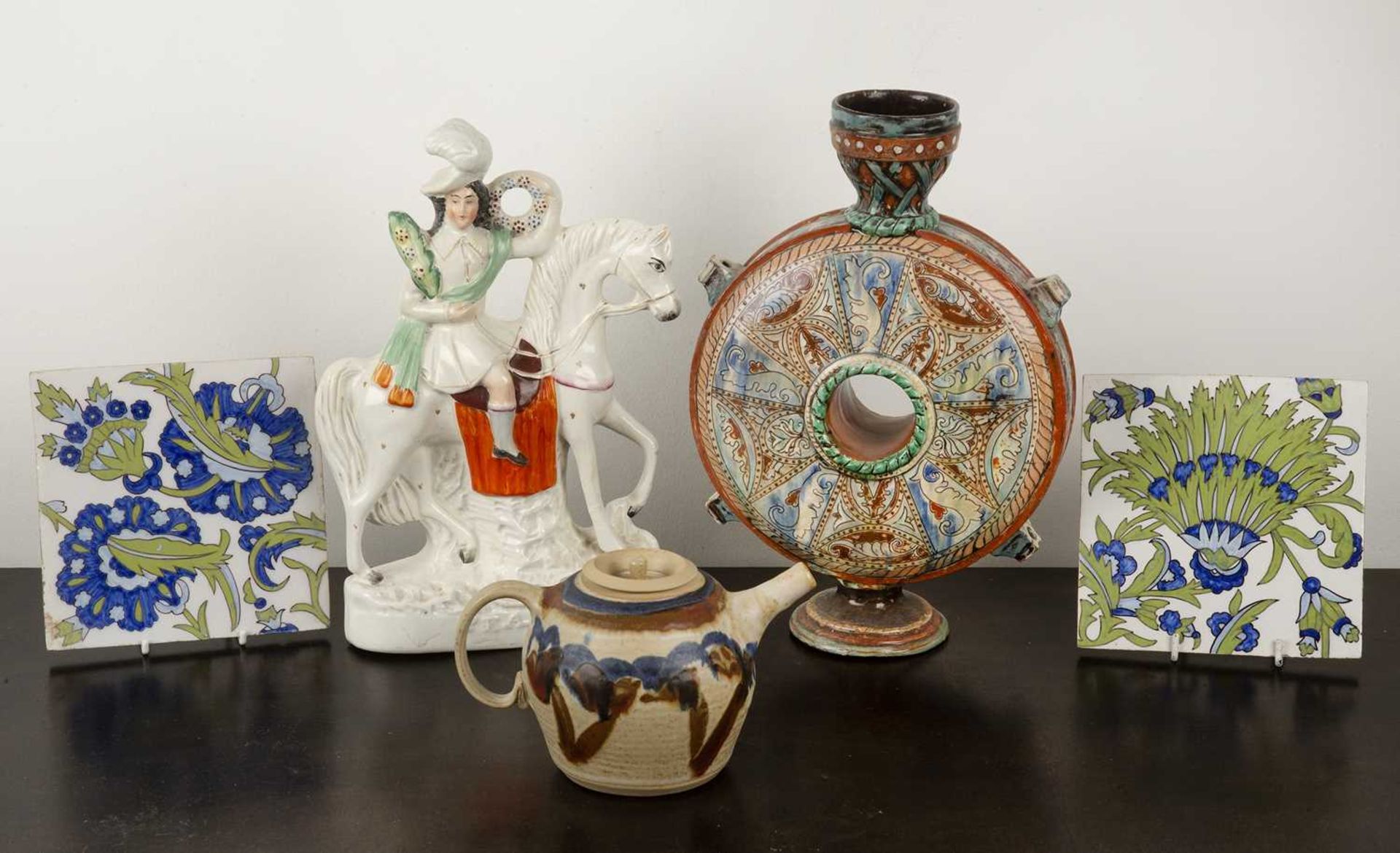 Group of pieces including a Staffordshire 'Peace' figure, 30cm a Thun type pilgrim flask, 31cm high,