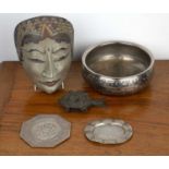 Group of pieces to include a niello bowl, 19cm diameter, two Indian silver dishes, a painted South