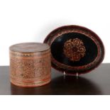 Lacquer box and tray Burmese, the box with an inner fitted bowl/tray, 22cm diameter x 18.5cm high,
