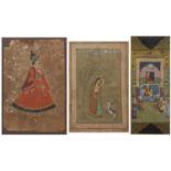 Three Islamic paintings 19th Century and later, one depicting figures gathering at a temple, with