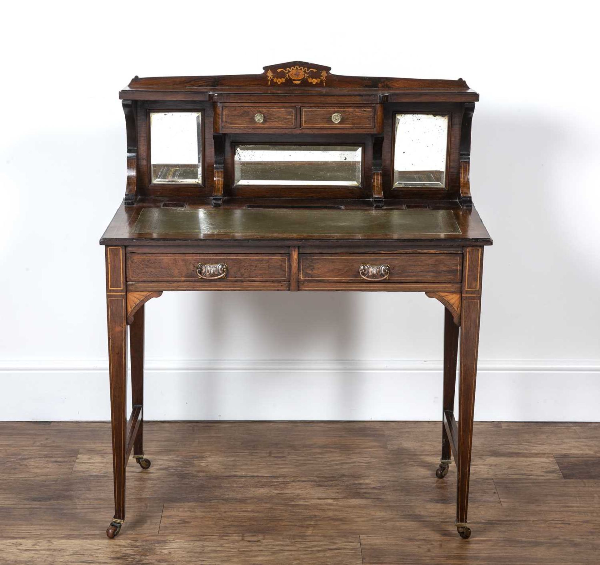 Rosewood and marquetry Bonheur du jour Victorian, with mirrored galleried back, two frieze