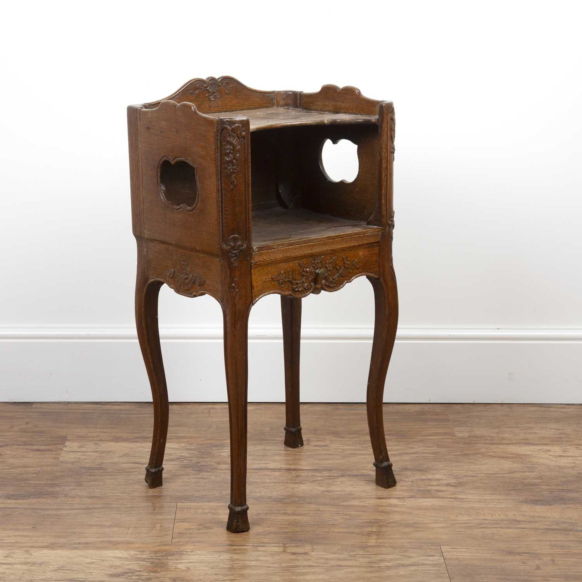 Oak bedside table or side table French Provincial, 19th Century, with shaped galleried top, - Image 2 of 6