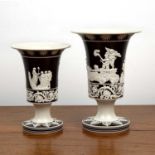 Two saltglaze model campana urns 19th Century, each of two colour palette with classical scenes in