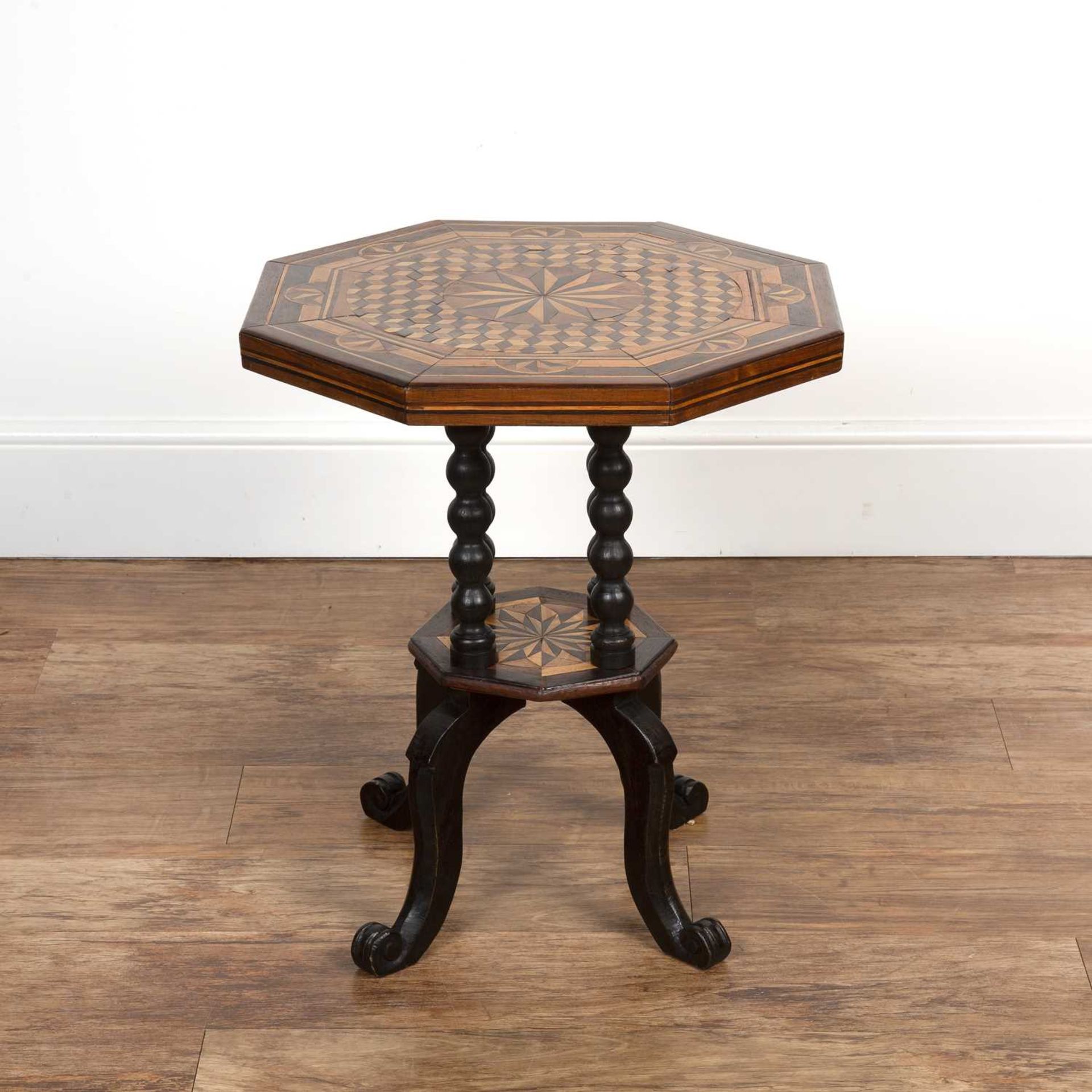 Mahogany marquetry inlaid tilt top table 19th Century, the hexagonal top with tumbling block