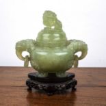 Green hardstone vase and cover Chinese, with carved elephant ring handles and a dog of fo finial,