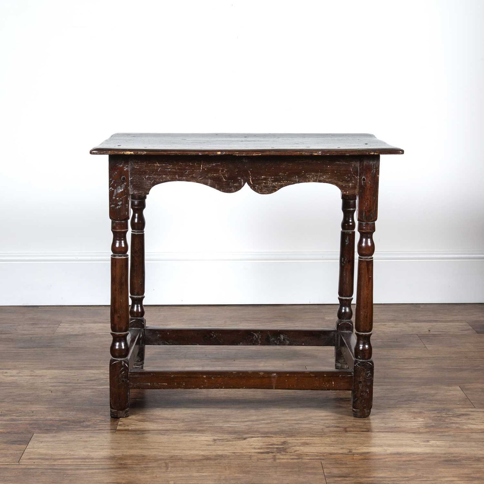 Oak and Yewood side table 18th Century and later, with a rectangular top and shaped frieze, standing - Image 2 of 5