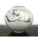 White ground ovoid vase Japanese, 20th Century, with monochrome view of a landscape and figure, mark