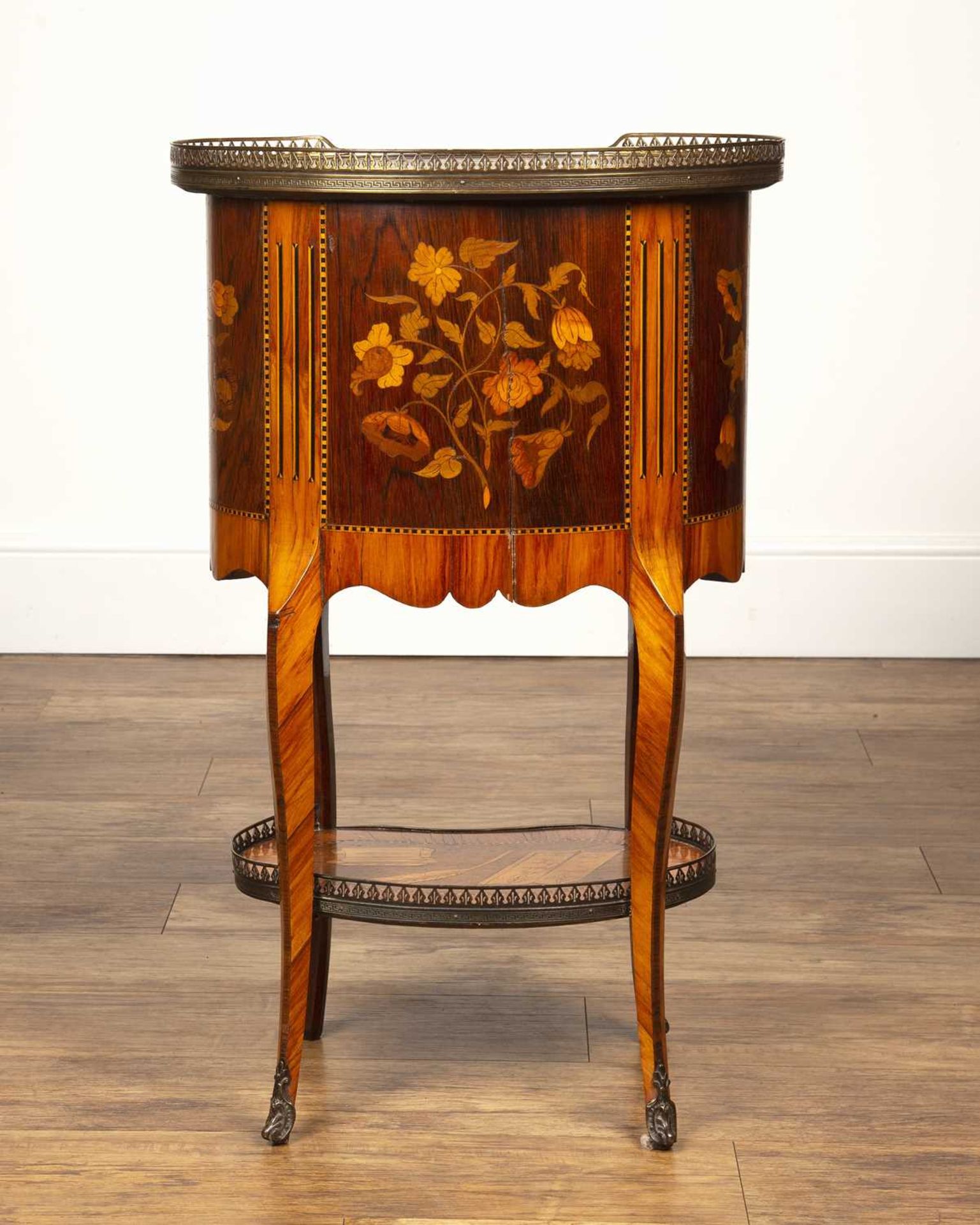French marquetry side table of oval form, 19th Century, with brass galleried top, the top inlaid - Image 5 of 7