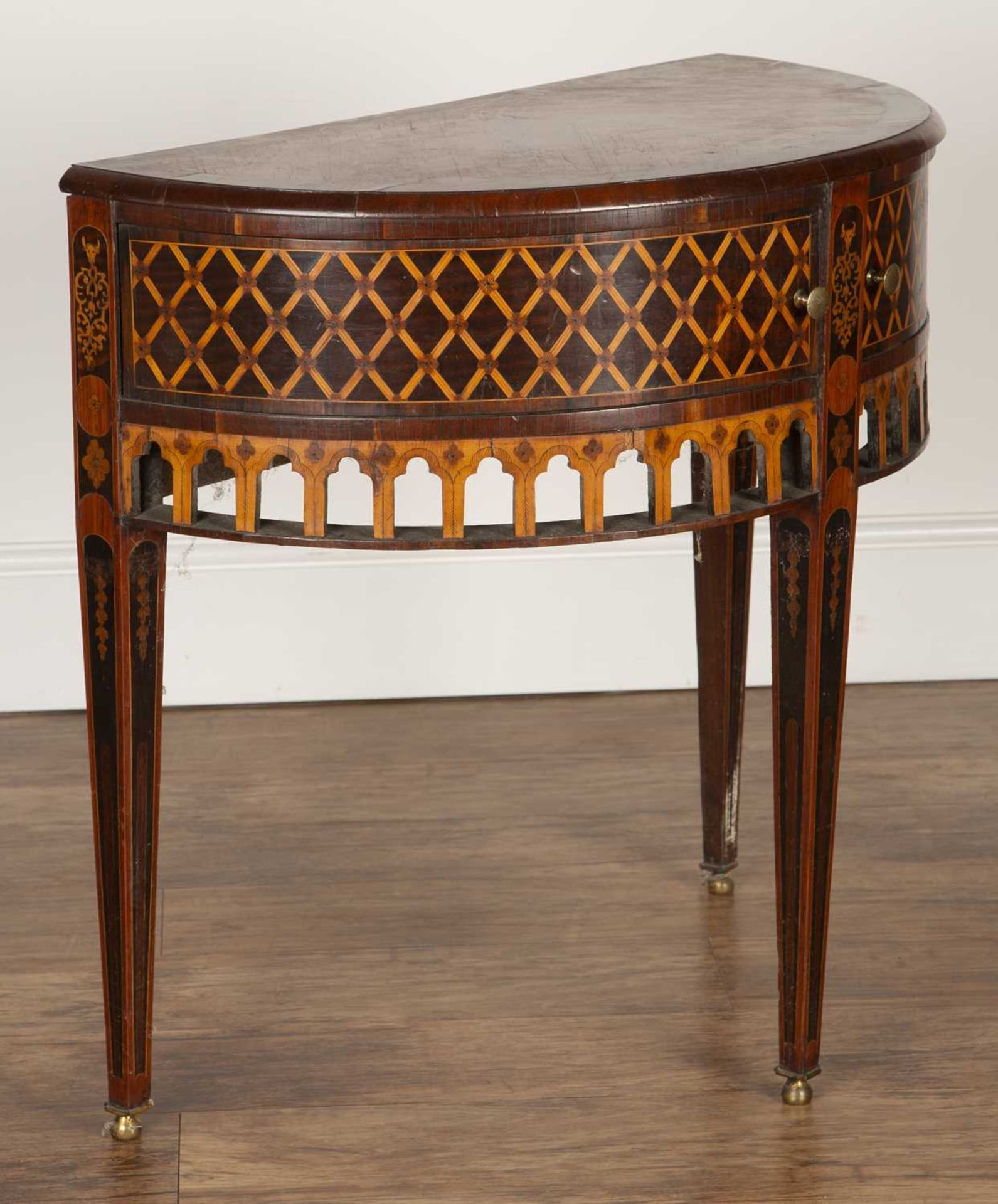 Continental marquetry side table with demi-lune top, above two drawers, with lattice inlaid - Image 5 of 10