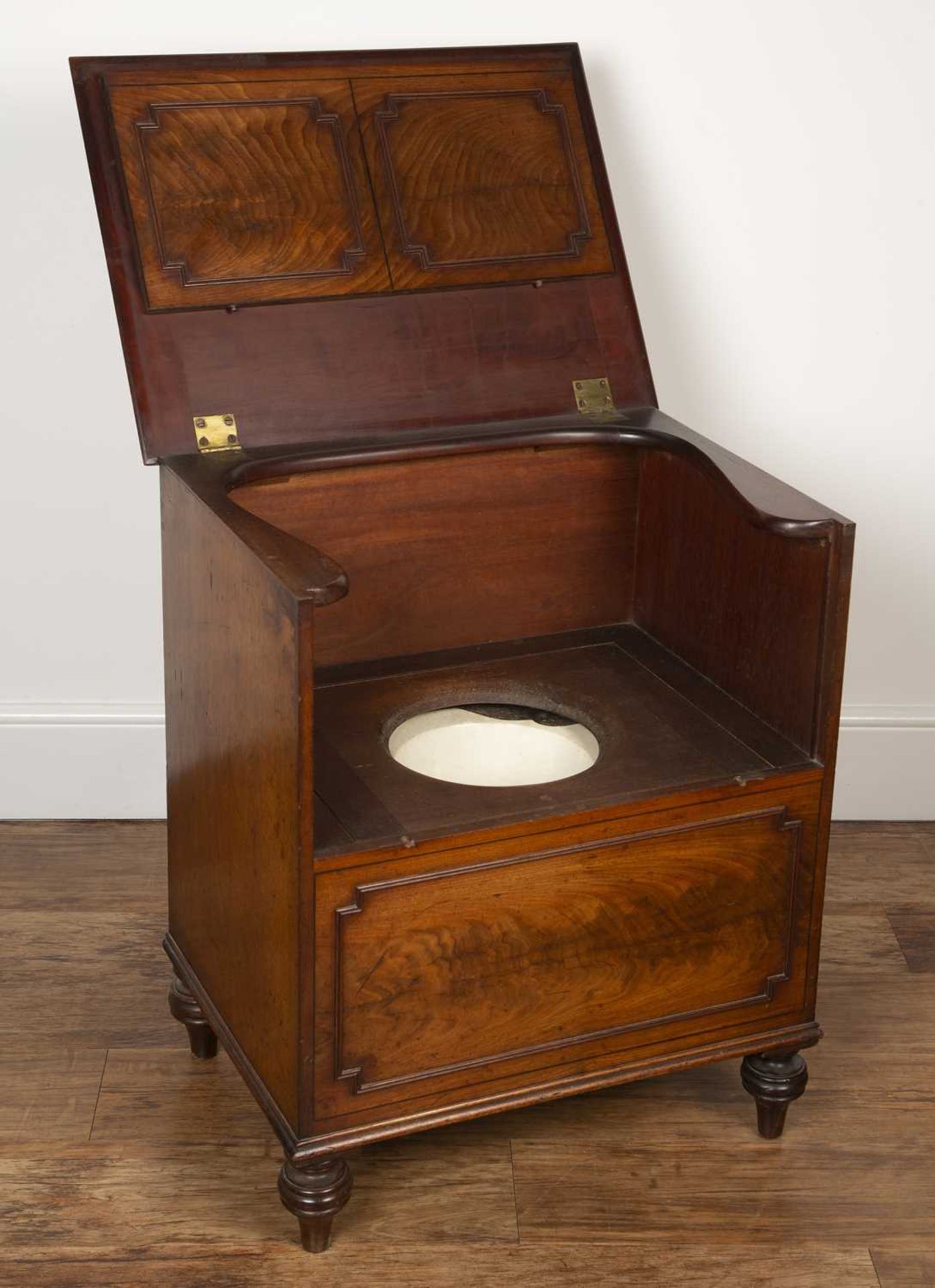 Mahogany commode with lift up top George III, the front with fielded panels, standing on turned - Image 5 of 5