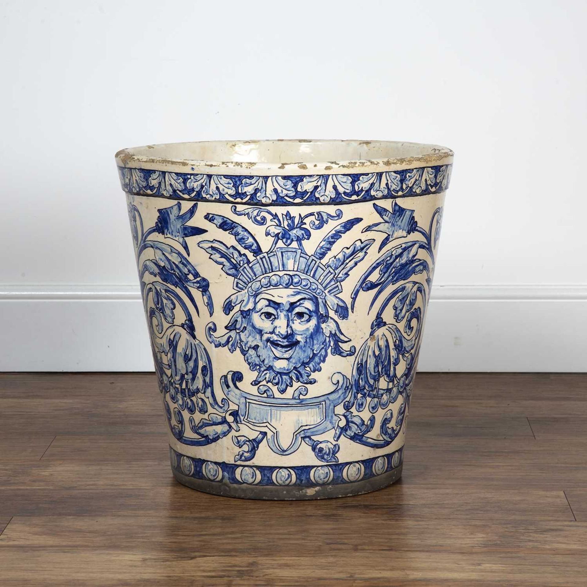 Large glazed blue and white jardiniere/planter Spanish, with trailing classical decoration, 56cm