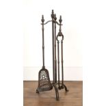 Fireplace companion set 20th Century, iron, the stand on tripod base, 78cm high overall Overall