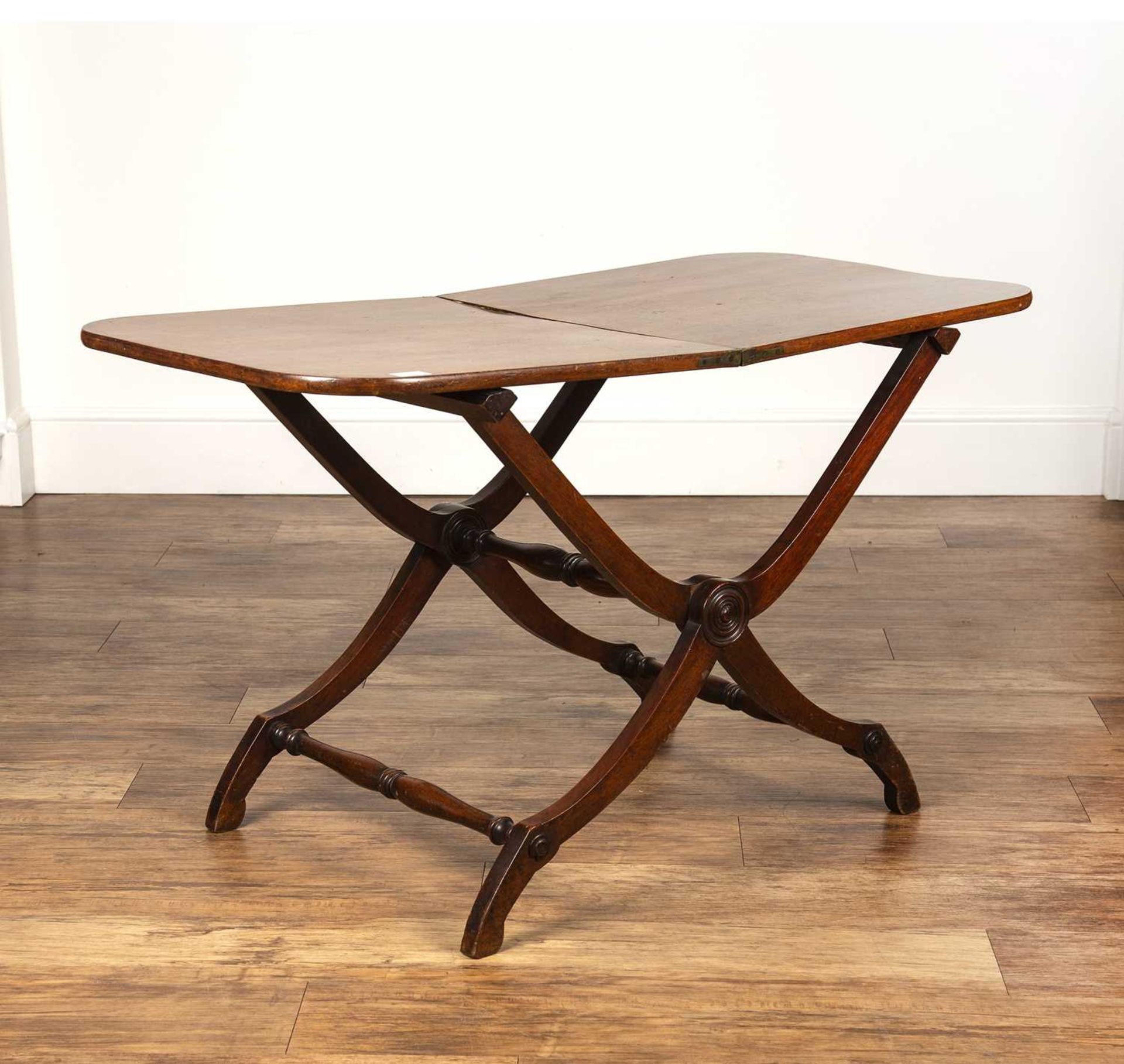 Mahogany folding coaching or campaign table 19th Century, on 'x' stretcher, 111cm wide x 64.5cm high - Image 2 of 5