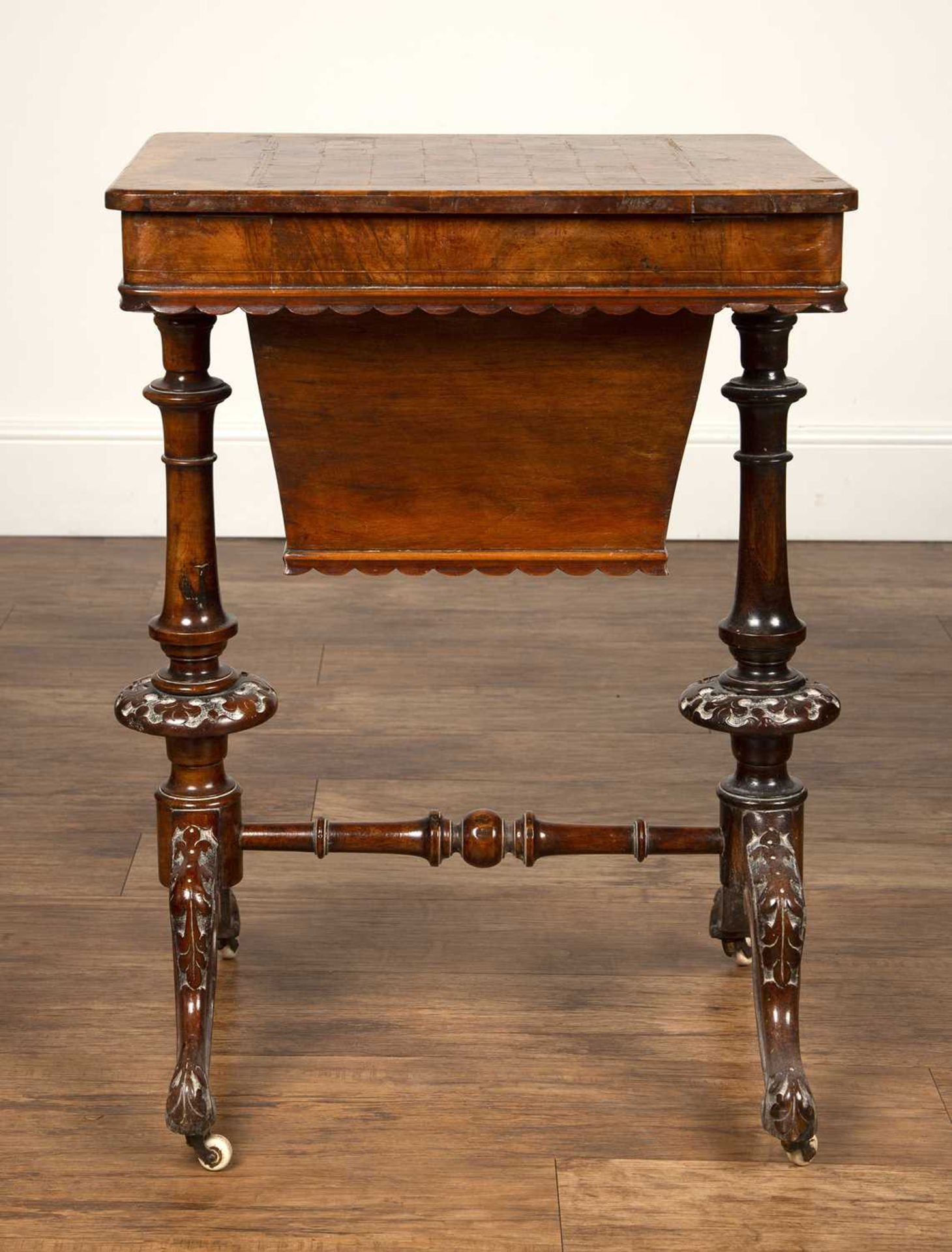 Walnut sewing table Victorian, with a parquetry chess board top, the lift up lid concealing a fitted - Image 4 of 5