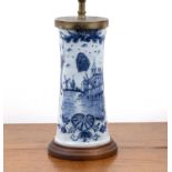 Delft blue and white porcelain vase/lamp panted with a Dutch river landscape, 26cm high excluding