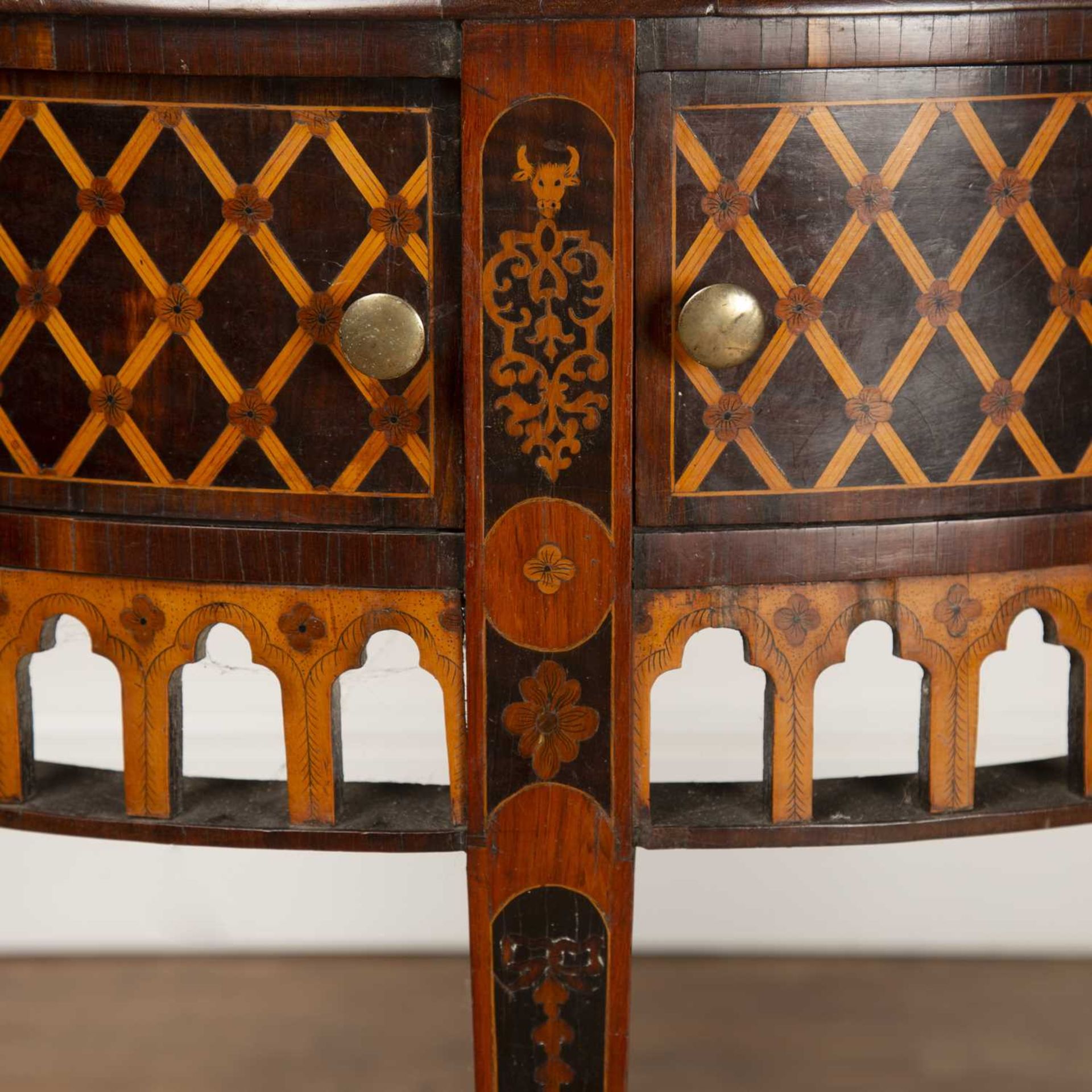 Continental marquetry side table with demi-lune top, above two drawers, with lattice inlaid - Image 8 of 10