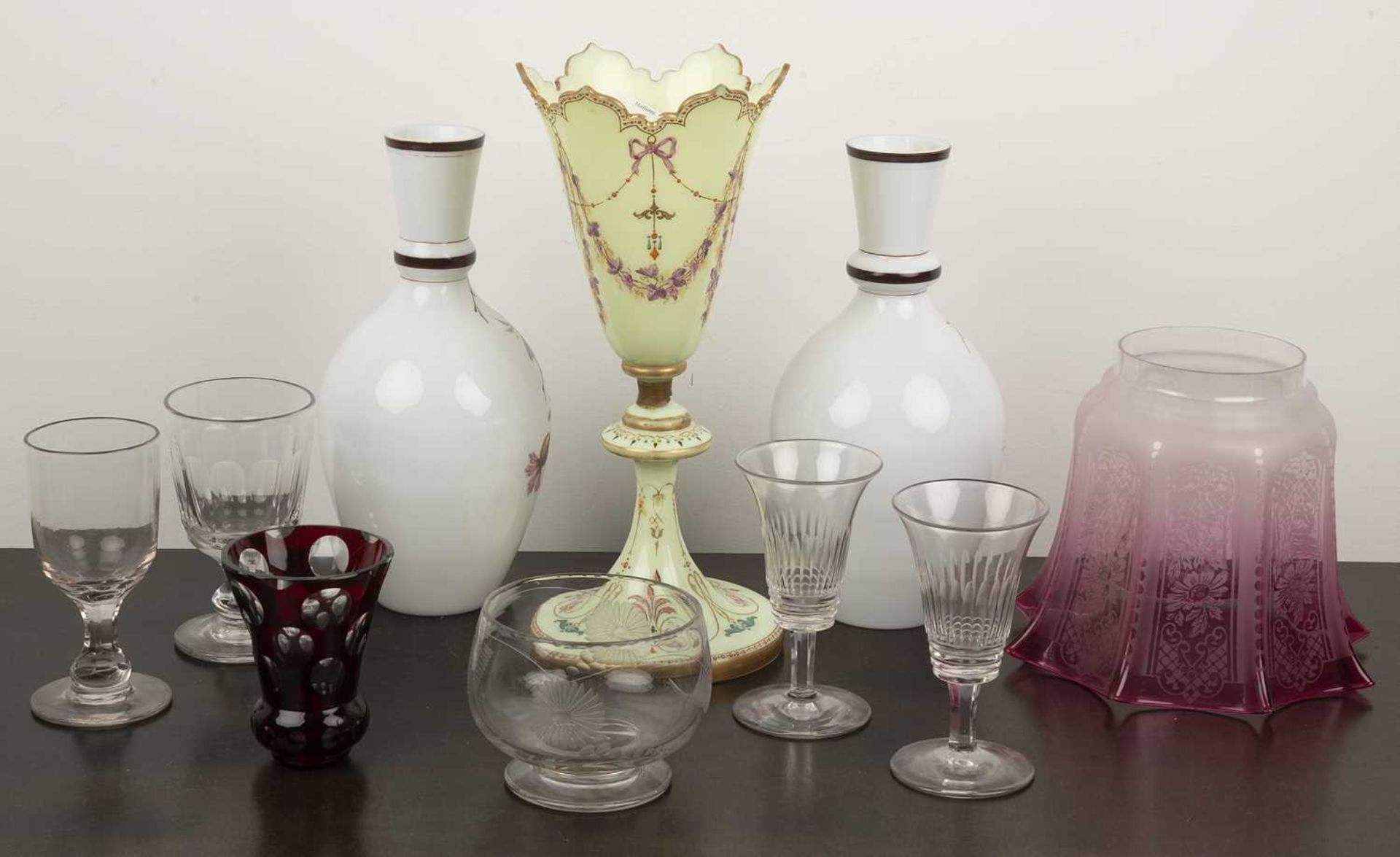 Collection of ceramics and glassware comprising of: a pair of white opaline glass vases decorated - Image 2 of 2