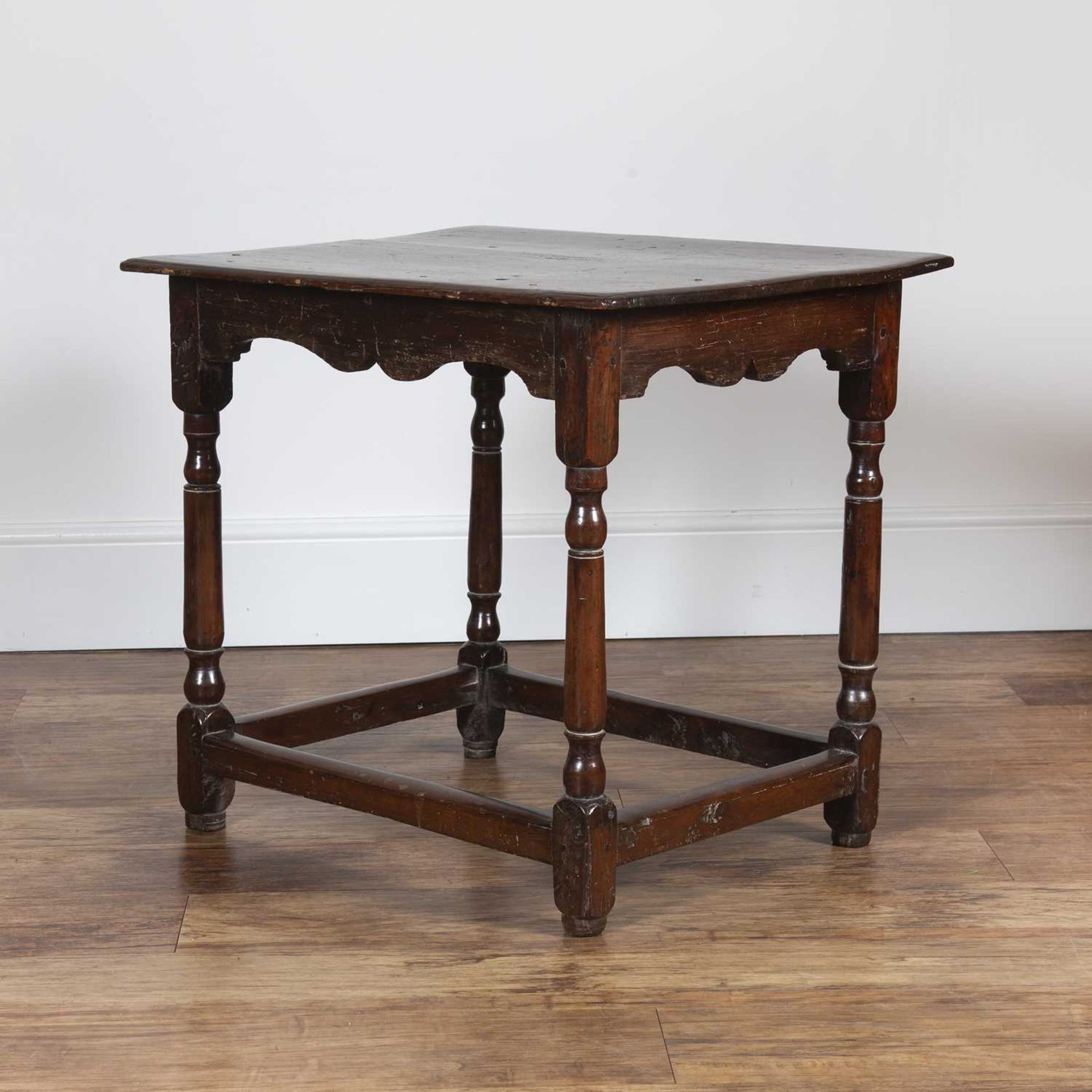 Oak and Yewood side table 18th Century and later, with a rectangular top and shaped frieze, standing - Image 3 of 5