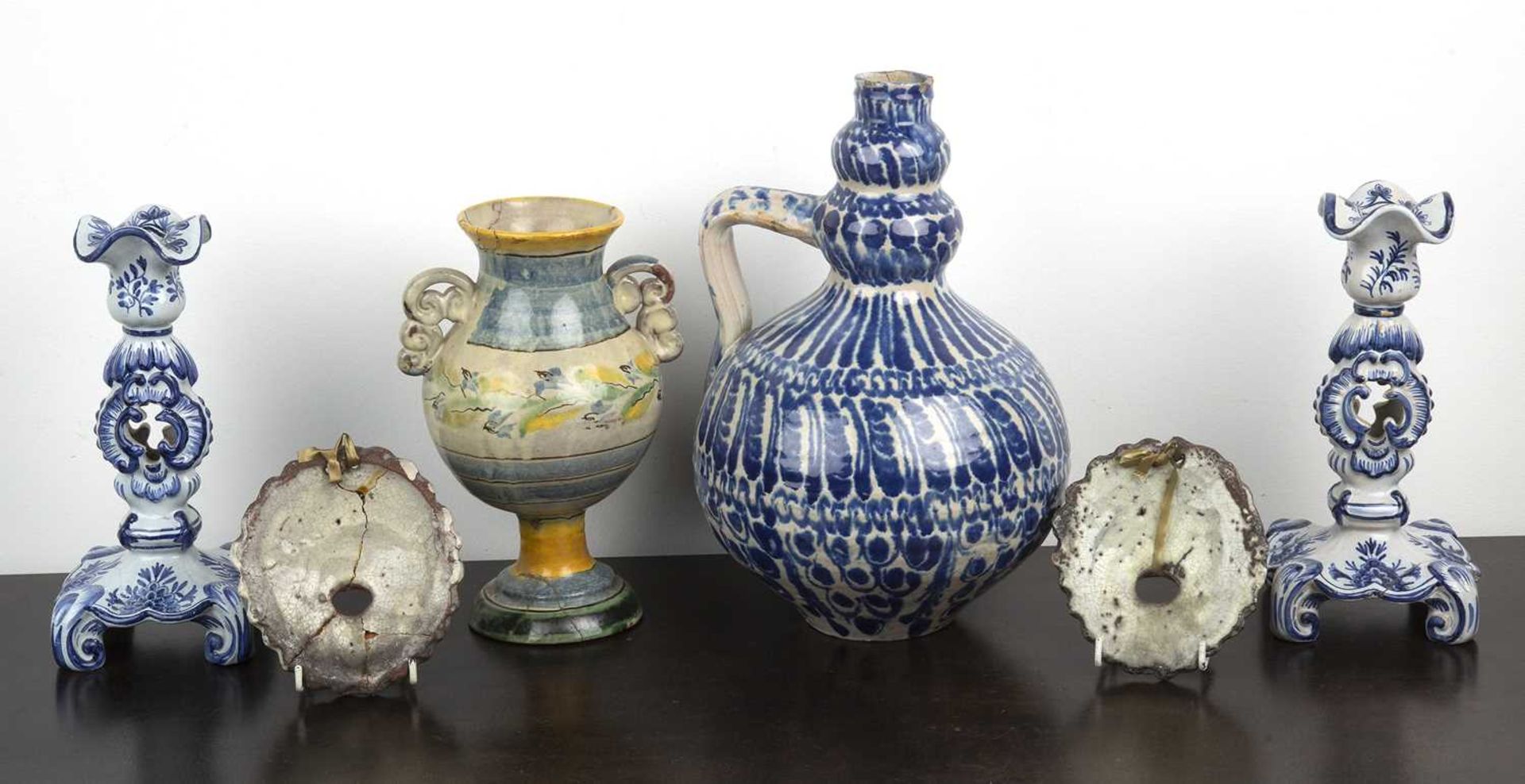 Maiolica polychrome vase Spanish, 24cm high, and a Spanish large jug with blue stylised leaf - Image 2 of 3