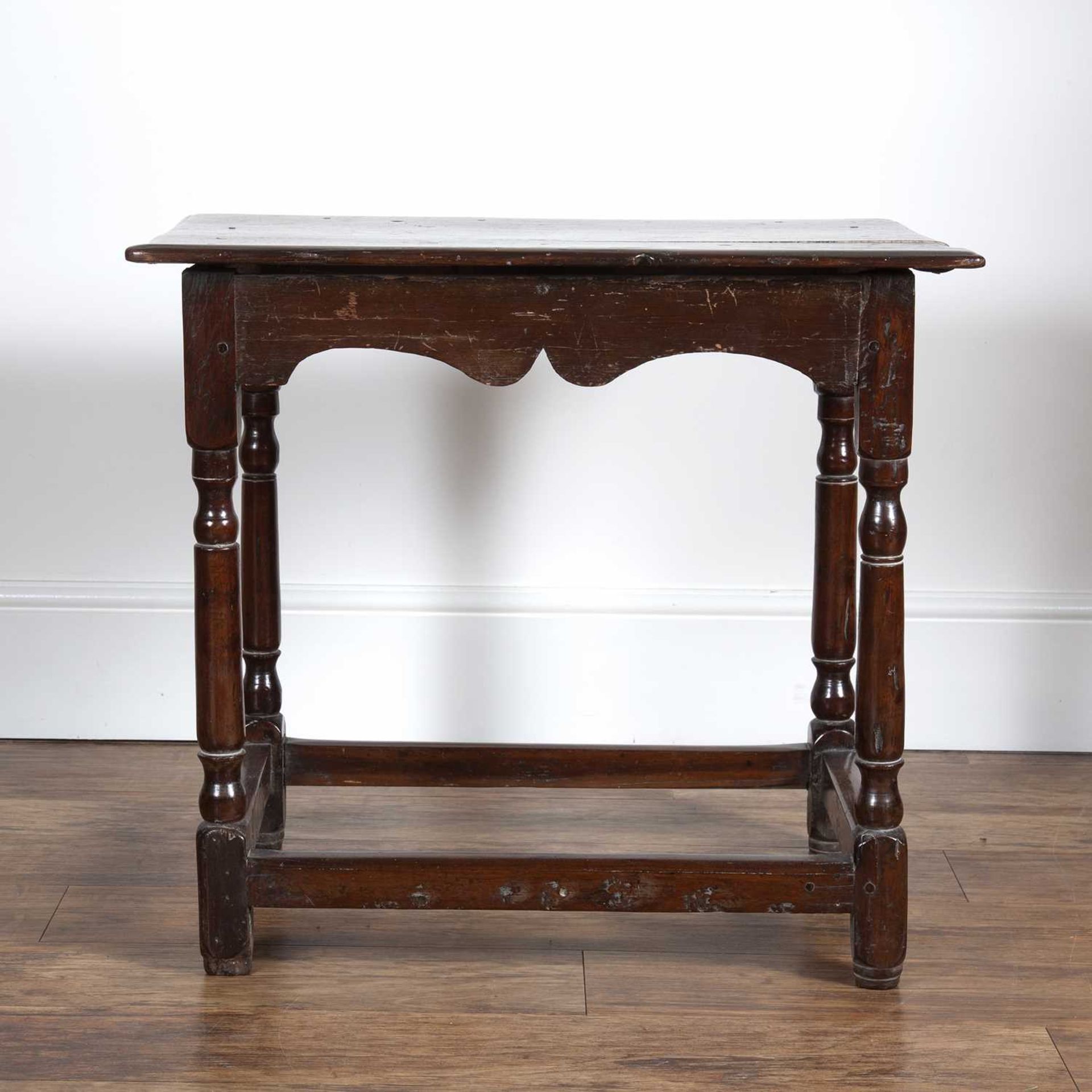 Oak and Yewood side table 18th Century and later, with a rectangular top and shaped frieze, standing - Image 4 of 5