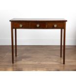 Mahogany side table 19th Century, fitted with three frieze drawers and round brass handles, standing