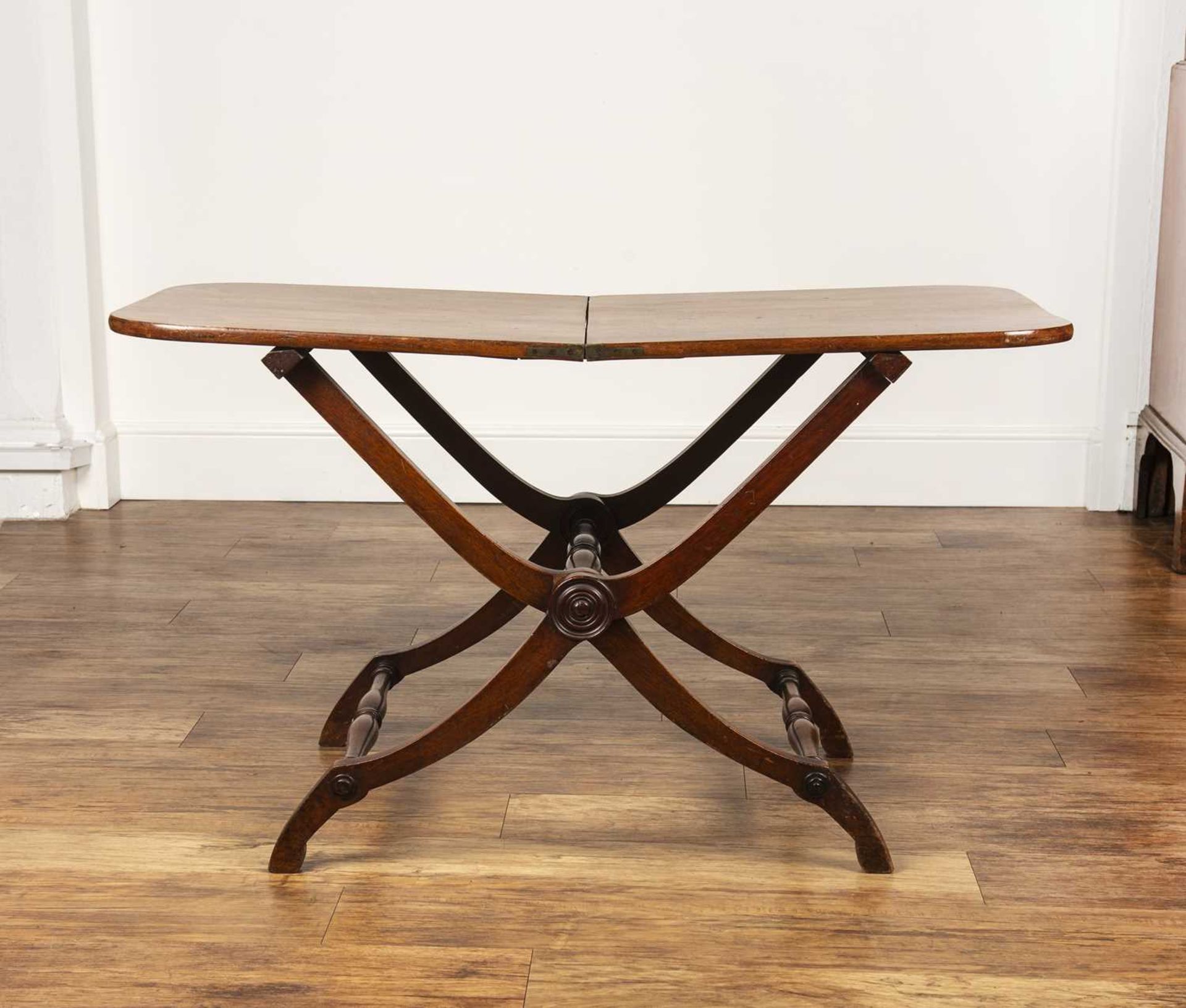 Mahogany folding coaching or campaign table 19th Century, on 'x' stretcher, 111cm wide x 64.5cm high